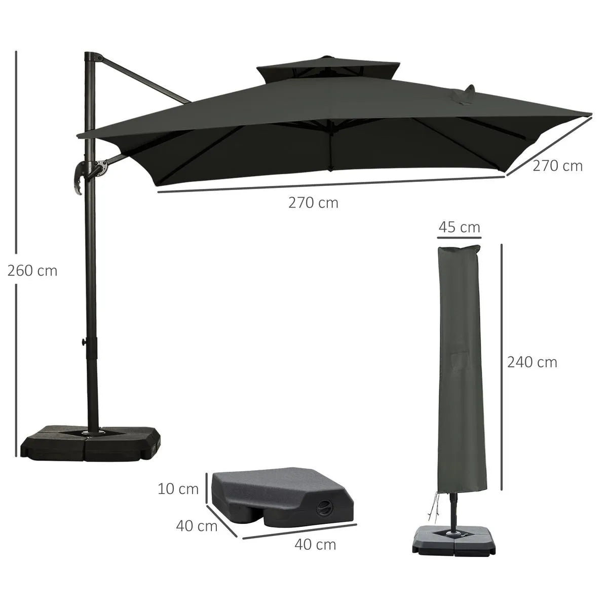 Cantilever Parasol 360° Rotation Angle Adjustment Outdoor Market Garden Umbrella, Dark Grey
