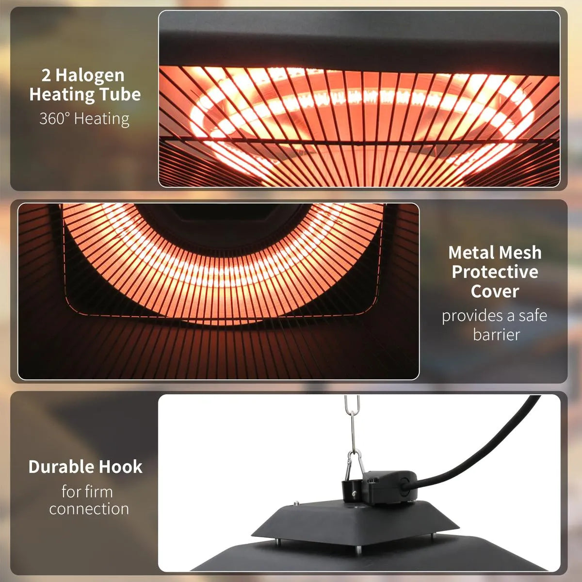 Hanging Electric Patio Heater 1000/2000W Waterproof Ceiling Mounted Aluminium Halogen Infrared Heater with LED Light Remote, Black
