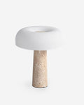 ZENO designer table lamp with matte white glass disc shade on textured travertine cylinder base | DecoHarmonie