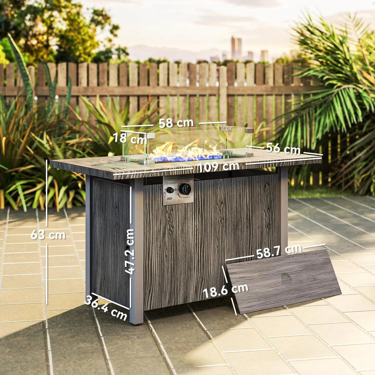 Gas Fire Pit Table, 50,000 BTU, Dark Grey with Cover and Glass Screen