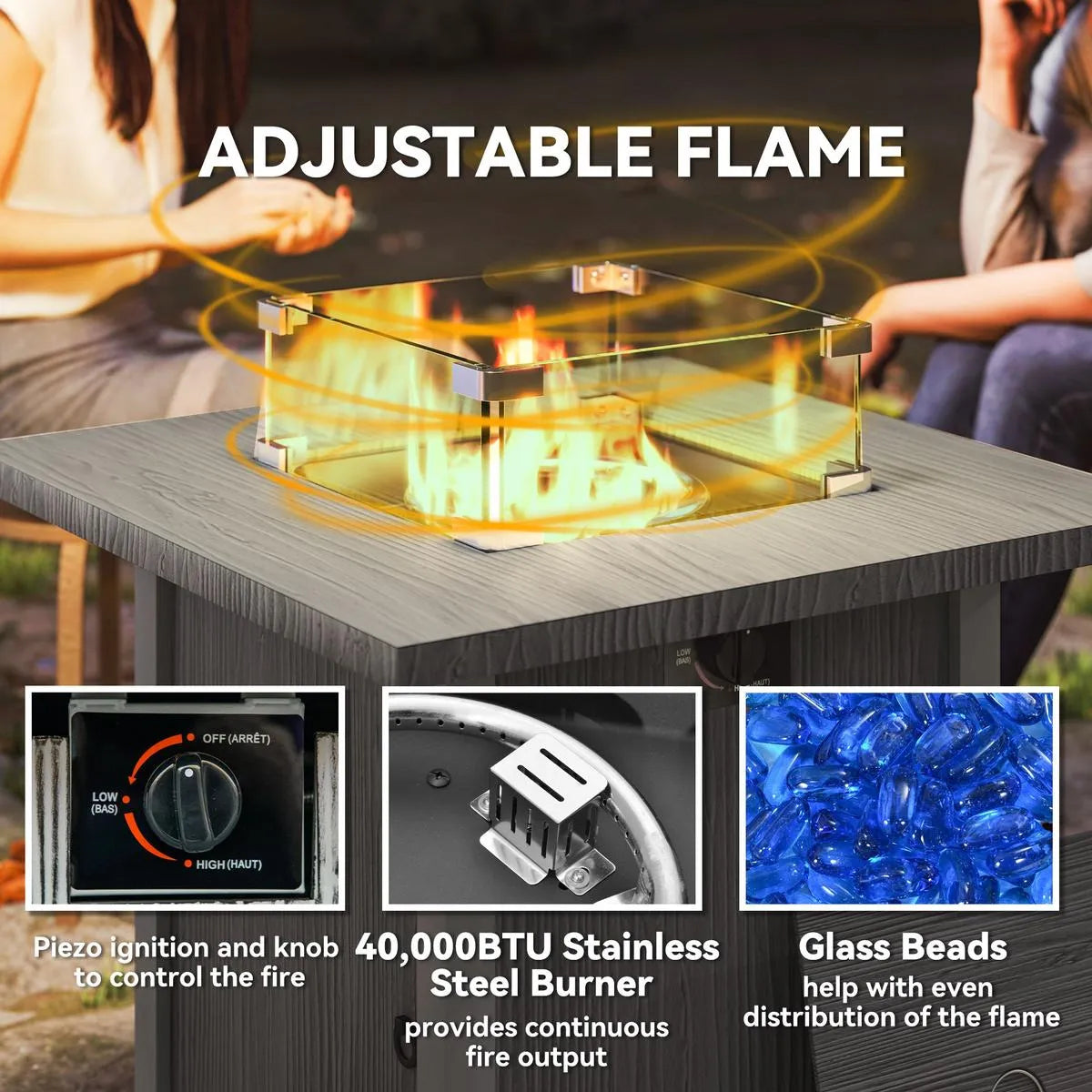 Gas Fire Pit Table, 50,000 BTU, Dark Grey with Cover
