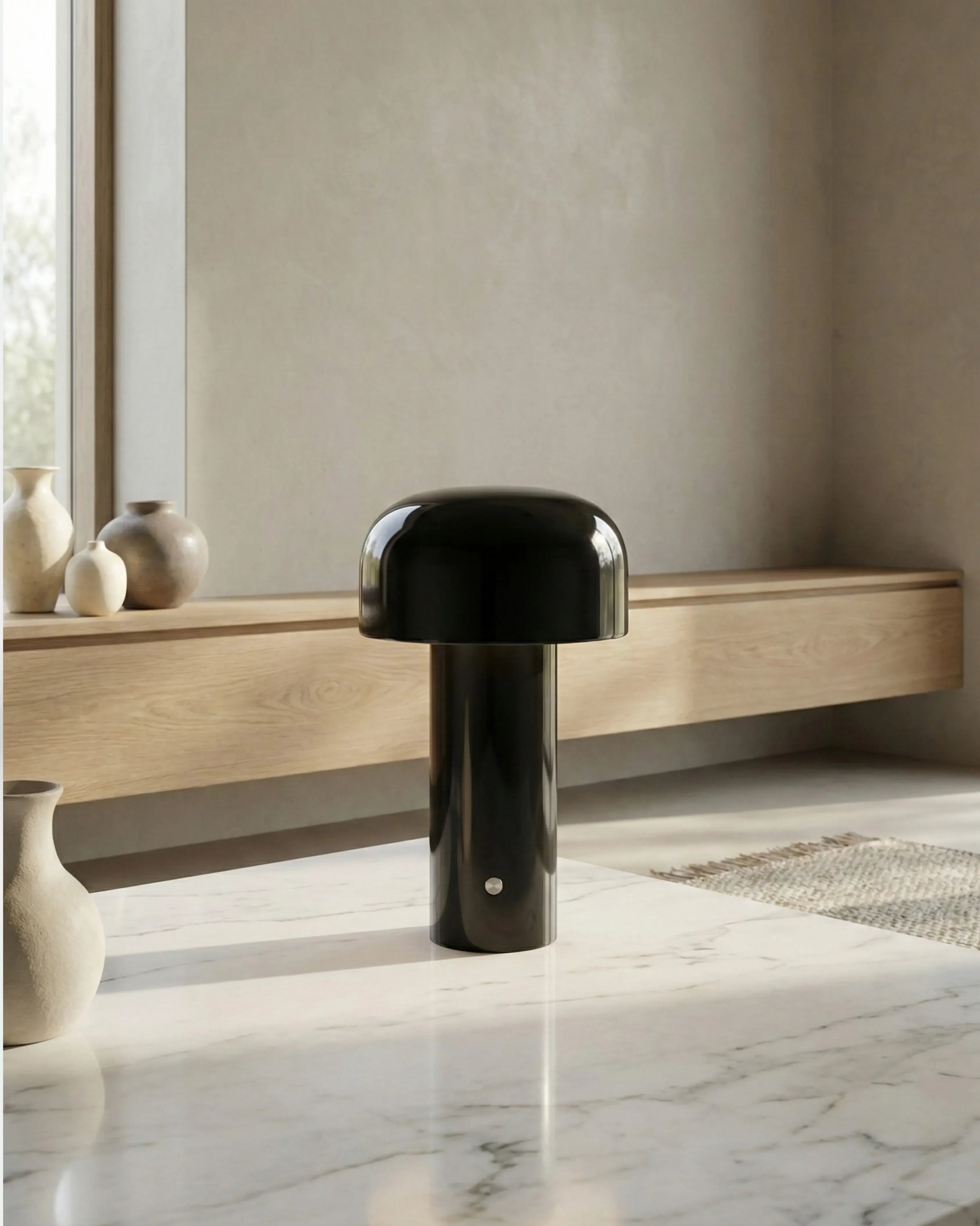 LAKO cordless designer table lamp shown on a bedside table in a modern bedroom — DecoHarmonie
