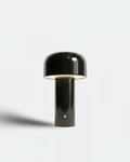 LAKO cordless table lamp with glossy dark mushroom dome shade on slim cylindrical body, rechargeable designer LED | DecoHarmonie