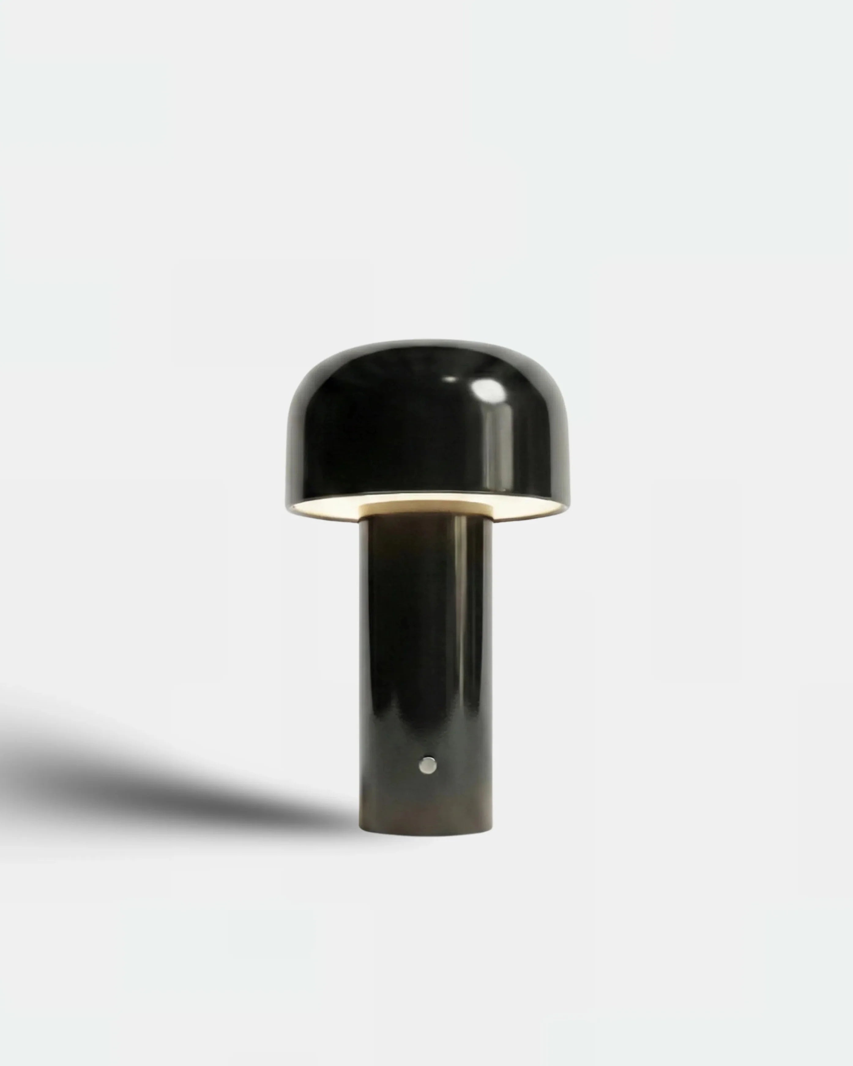 LAKO cordless table lamp with glossy dark mushroom dome shade on slim cylindrical body, rechargeable designer LED | DecoHarmonie