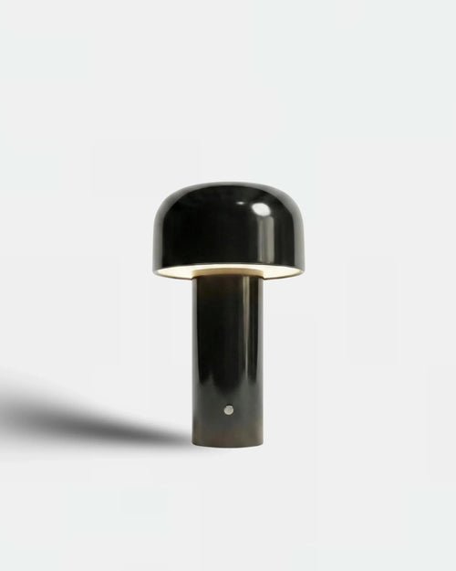 LAKO cordless table lamp with glossy dark mushroom dome shade on slim cylindrical body, rechargeable designer LED | DecoHarmonie