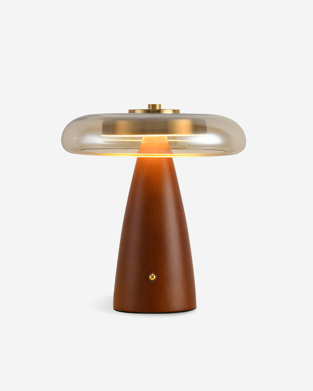 NALU table lamp with cognac smoked glass disc shade and tapered walnut wood cone base, designer cordless | DecoHarmonie