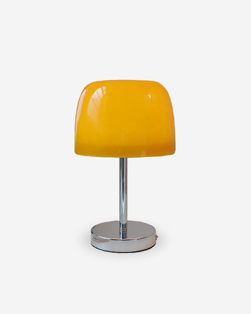 RANGU designer table lamp with glossy amber glass mushroom shade on polished chrome stem and base | DecoHarmonie