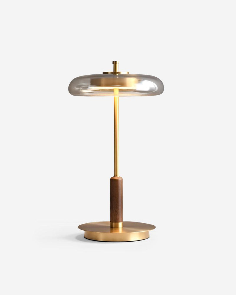 TOCRIS table lamp with smoked amber glass disc shade, brushed brass stem and walnut wood detail, designer | DecoHarmonie
