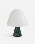 NOKA designer table lamp with glossy white opal glass mushroom dome on green marble cone base | DecoHarmonie