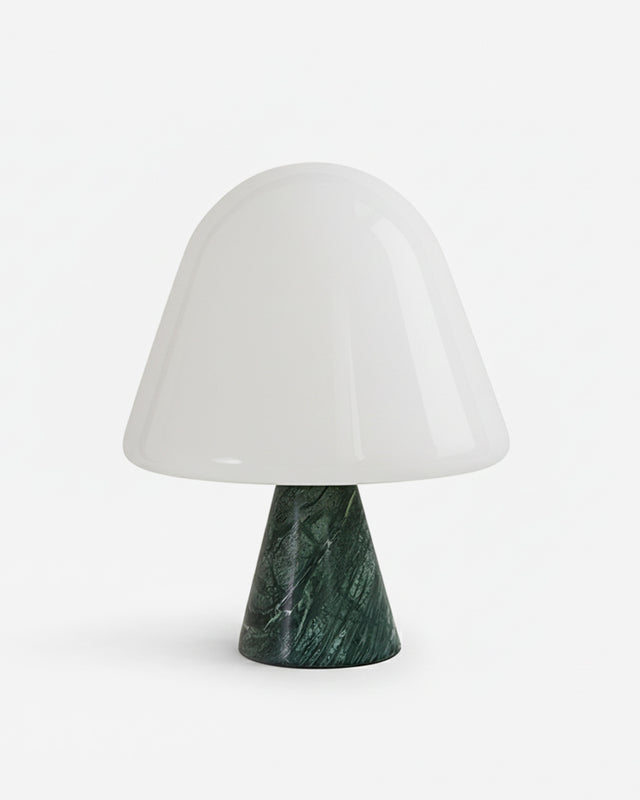 NOKA designer table lamp with glossy white opal glass mushroom dome on green marble cone base | DecoHarmonie