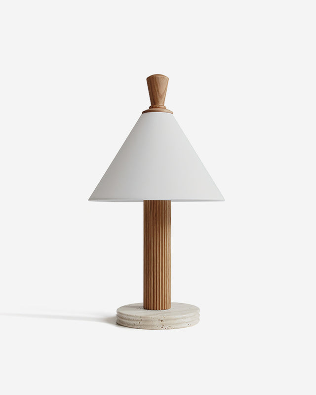 TEA table lamp with white linen conical shade, fluted oak wood stem and round travertine base, designer | DecoHarmonie