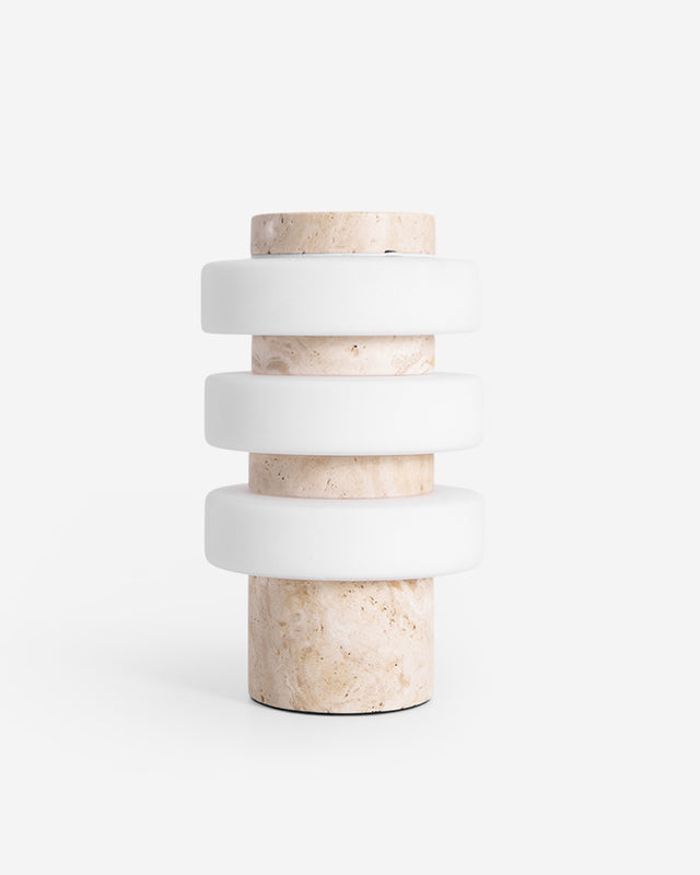 JALA designer table lamp with stacked raw travertine and frosted acrylic ribbed disc tiers | DecoHarmonie