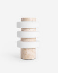 JALA designer table lamp with stacked raw travertine and frosted acrylic ribbed disc tiers | DecoHarmonie