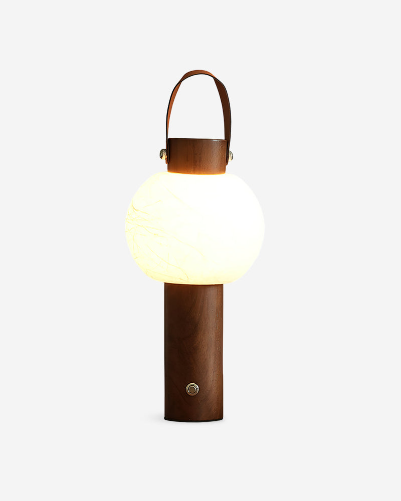 VENA cordless table lamp with frosted glass globe, walnut wood base and leather carry strap | DecoHarmonie