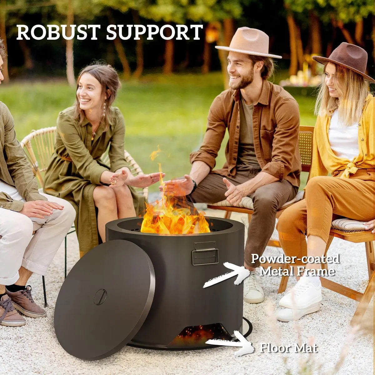 Fire Pit Round Outdoor with Lid and Fire Poker, Black