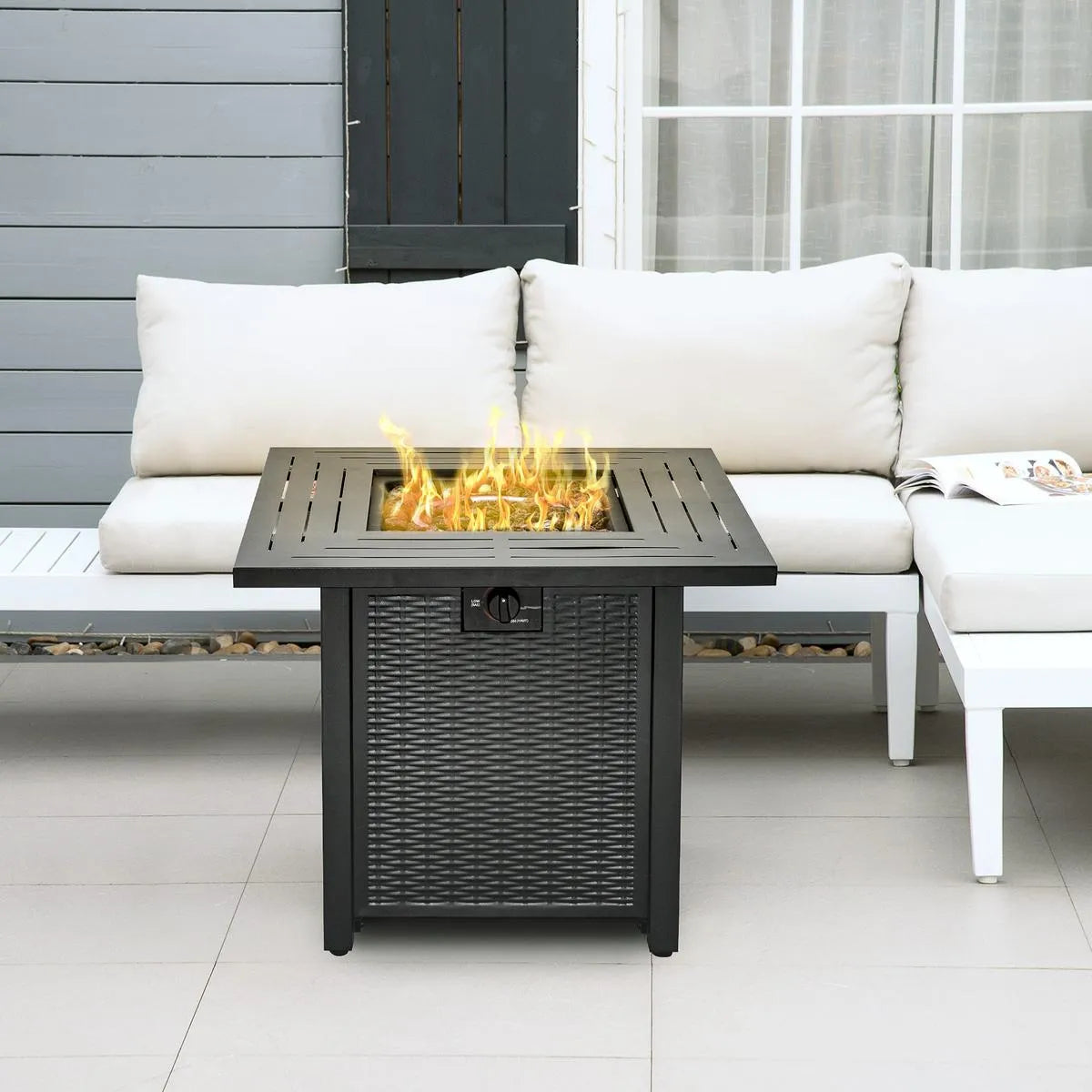 Gas Fire Pit Table Square Propane, 40,000 BTU, 71×71×62cm, Black, Rattan Smokeless with Protective Cover, Lava Rocks and Lid for Patio