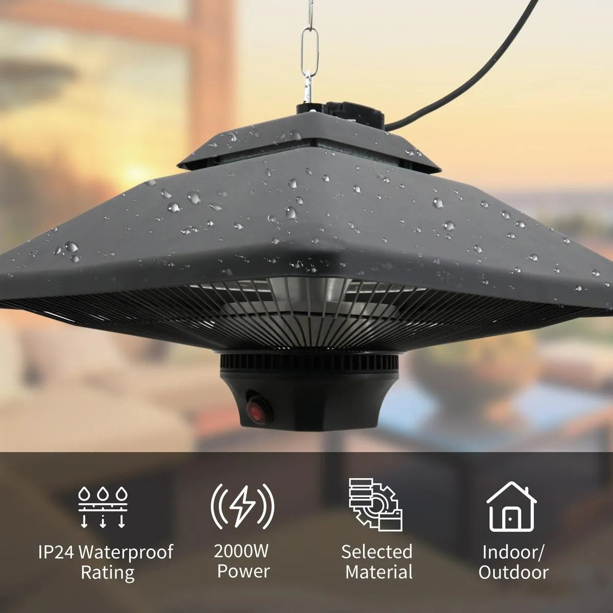 Hanging Electric Patio Heater 1000/2000W Waterproof Ceiling Mounted Aluminium Halogen Infrared Heater with LED Light Remote, Black