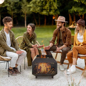 Square Fire Pit Metal Mesh Brazier, 44×44×40cm, Black, Outdoor with Lid, Log Grate, Poker for Backyard Camping Bonfire Wood Burning Stove