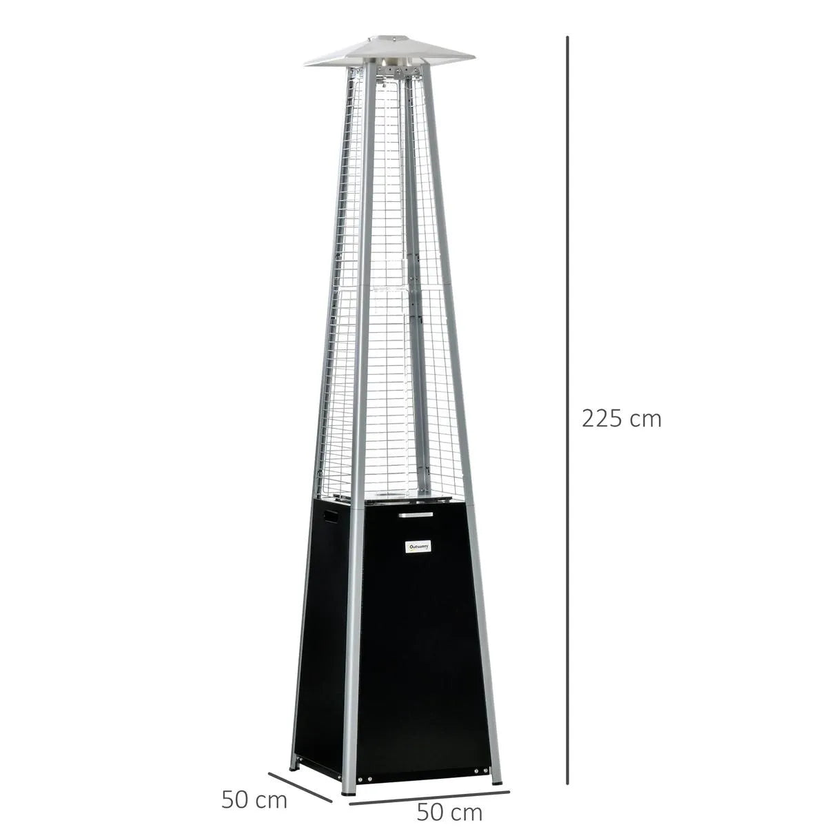 Outdoor Patio Gas Heater 11.2kW Freestanding Pyramid Propane Heater with Wheels Dust Cover Regulator Hose Black 50x50x225cm