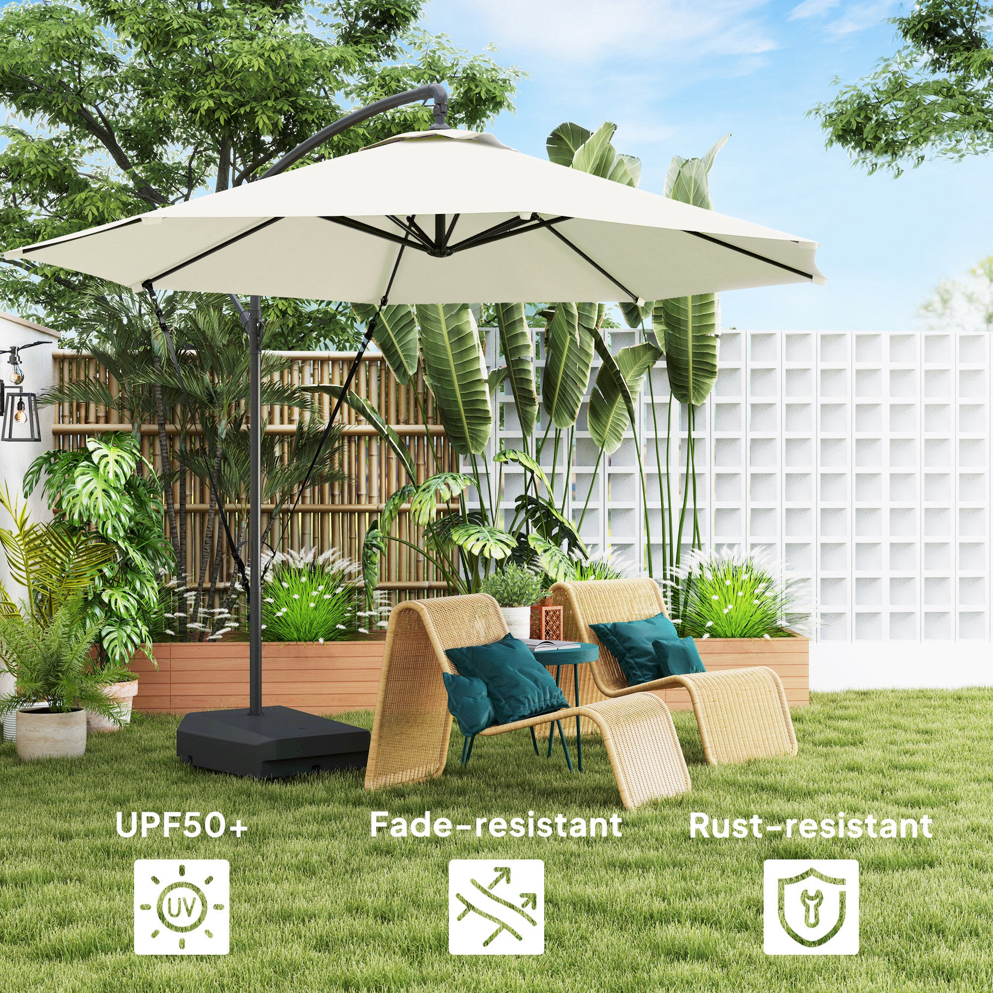 Garden Cantilever Parasol 3m with Fillable Base up to 90kg Wind Strap Cover Round Banana Hanging Umbrella Crank Tilt UPF50+, Cream