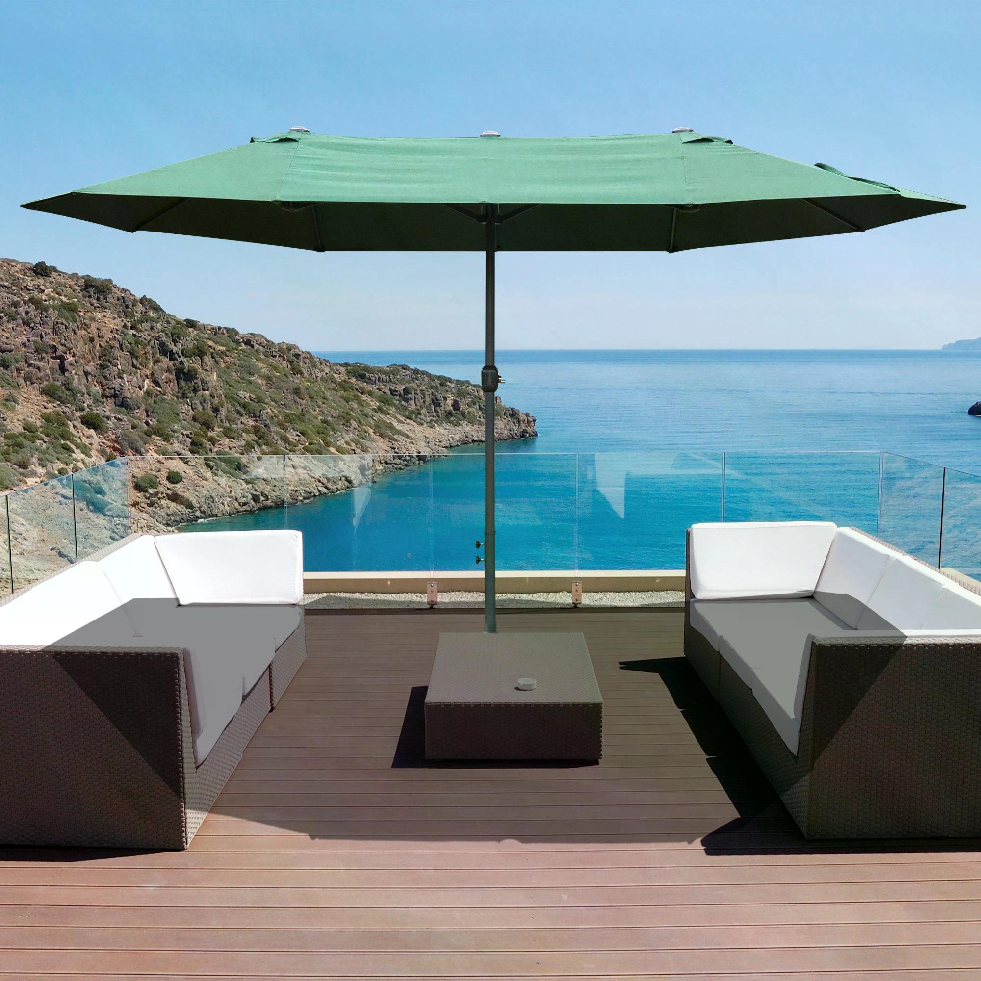 Double-Sided Sun Umbrella Canopy 4.6m Crank Shade with Cross Base, Dark Green