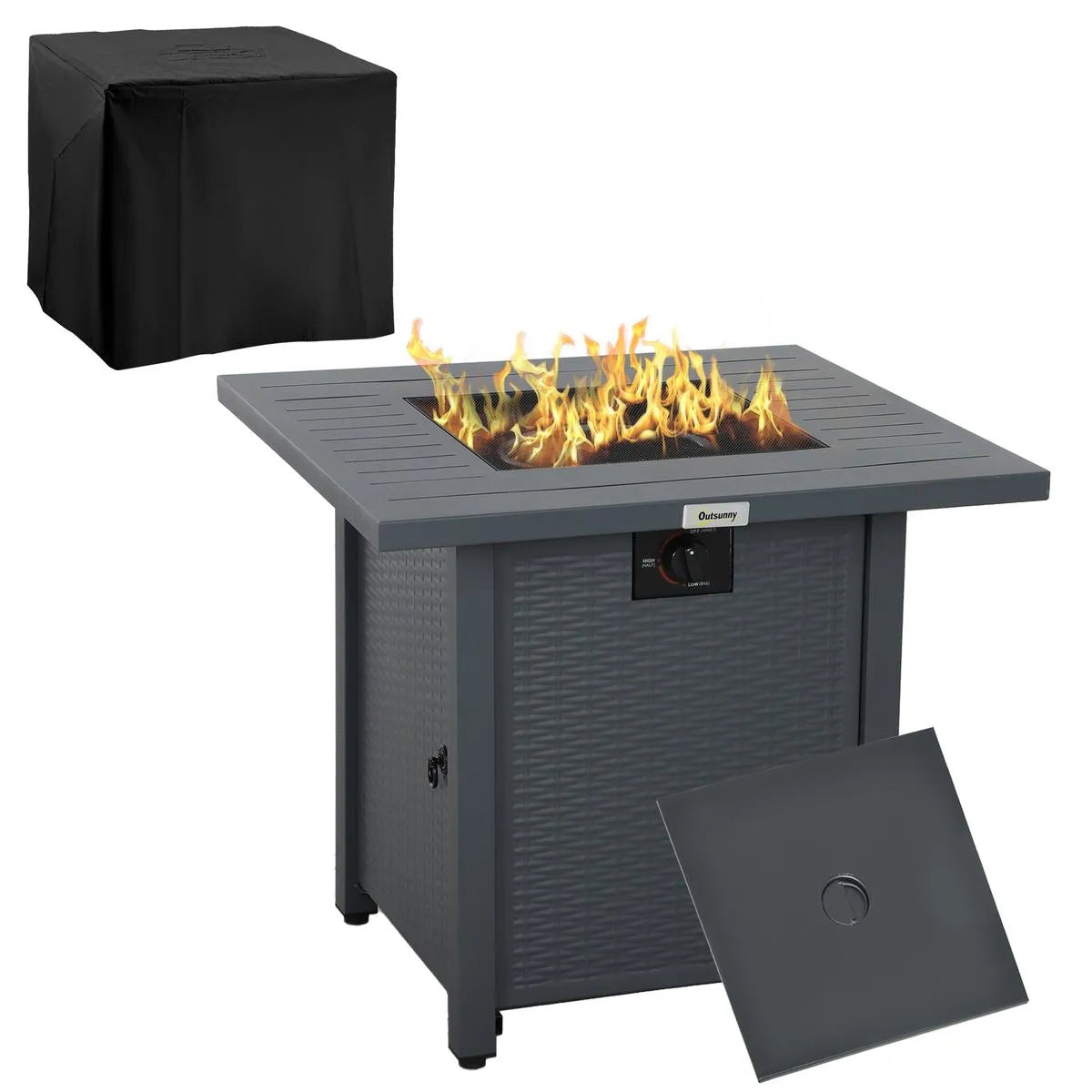 Gas Fire Pit Table Rattan-style Square, 40,000 BTU, Grey, Propane Smokeless with Thermocouple, Lava Rocks, Waterproof Cover, Spark Guard and Lid for Patio