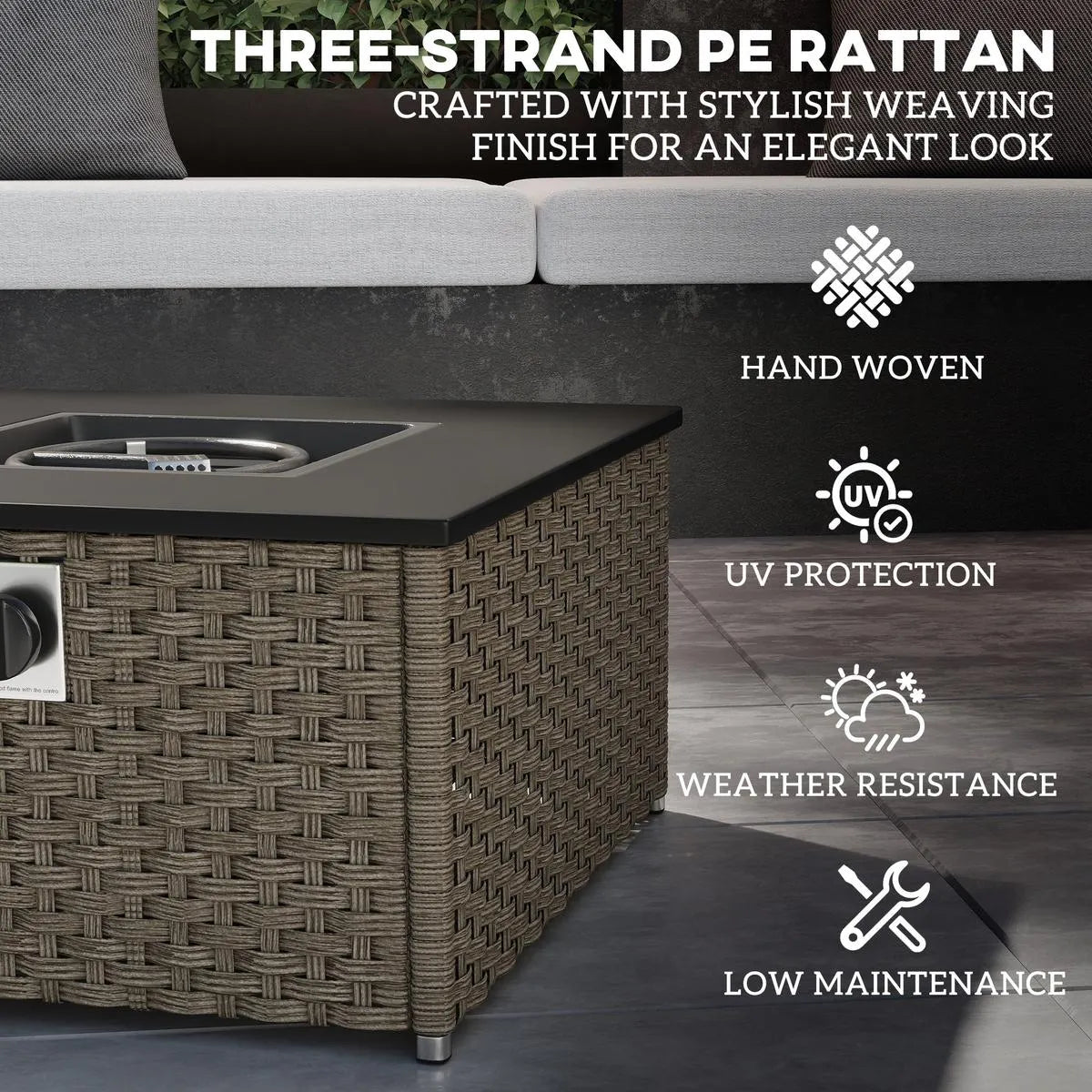 Gas Fire Pit Table Rattan, 13 kW, 58×58×33cm, Grey, Smokeless Propane with Lid for Outdoor Patio