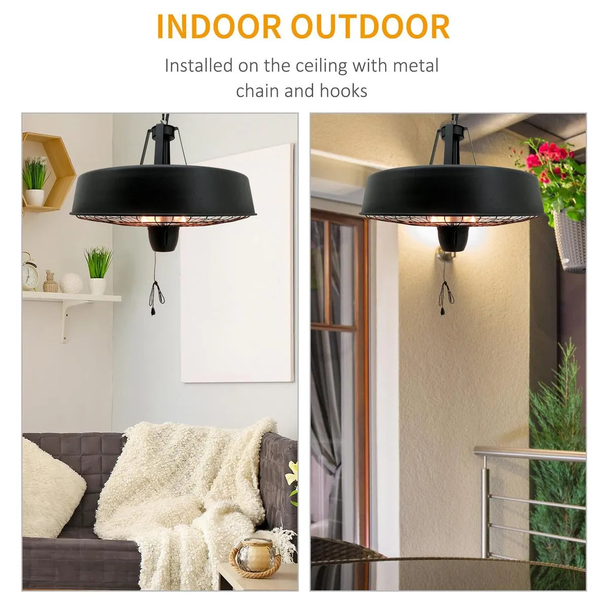 Adjustable Power Infrared Halogen Electric Patio Light Heater 1000/2500W Ceiling Hanging Mount, Black