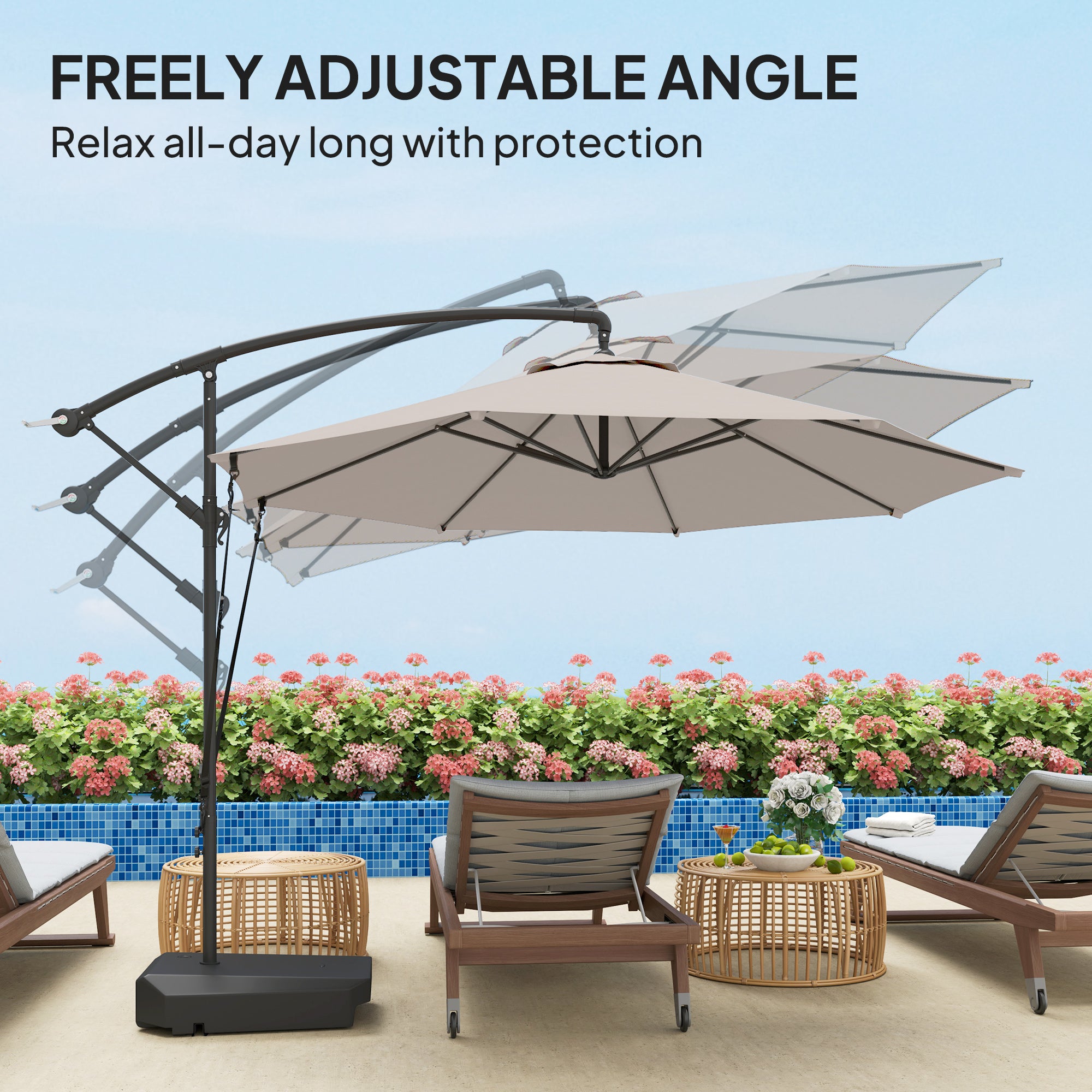 Garden Cantilever Parasol 3m with Fillable Base up to 90kg Wind Strap Cover Round Banana Hanging Umbrella Crank Tilt UPF50+, Cream