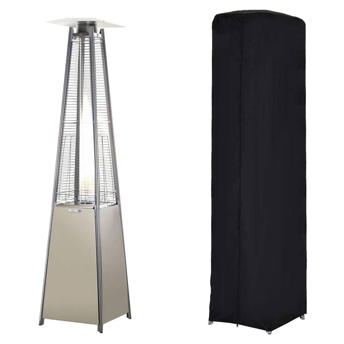 Stainless Steel Outdoor Garden Pyramid Patio Heater with Wheels Rain Cover, Silver