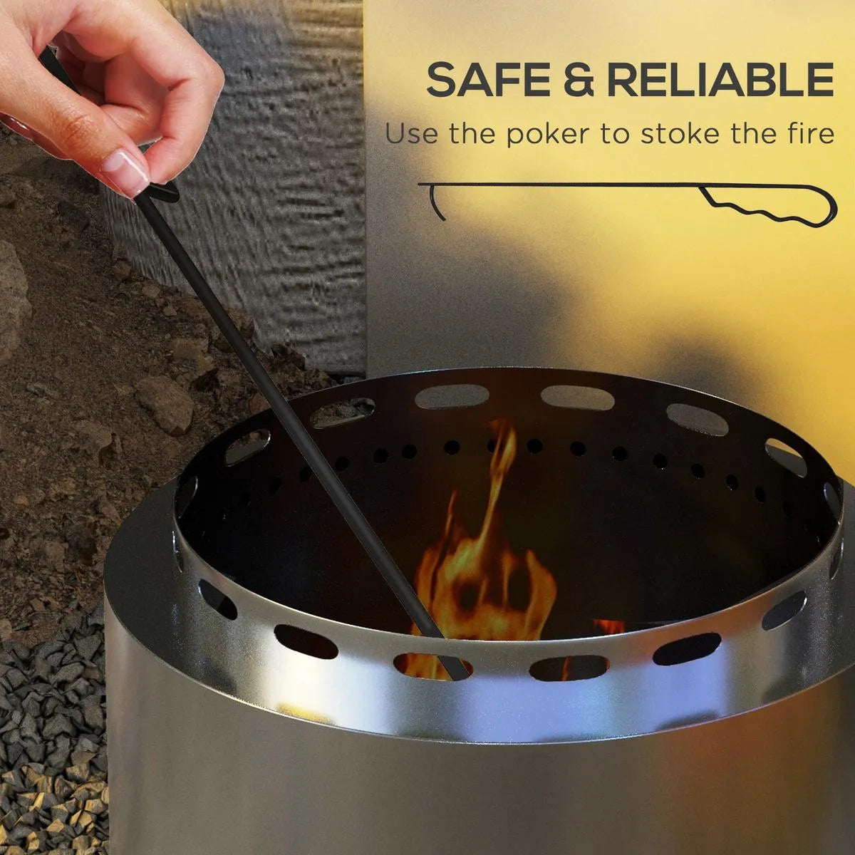 Smokeless Fire Pit Portable Wood Burning, 48.5cm, Silver Stainless Steel with Poker for Garden Camping Bonfire Party