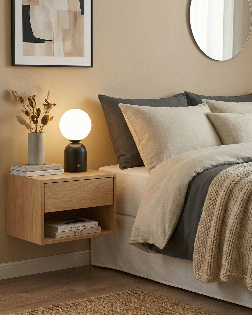 LUMI cordless designer table lamp shown on a bedside table in a modern bedroom — DecoHarmonie