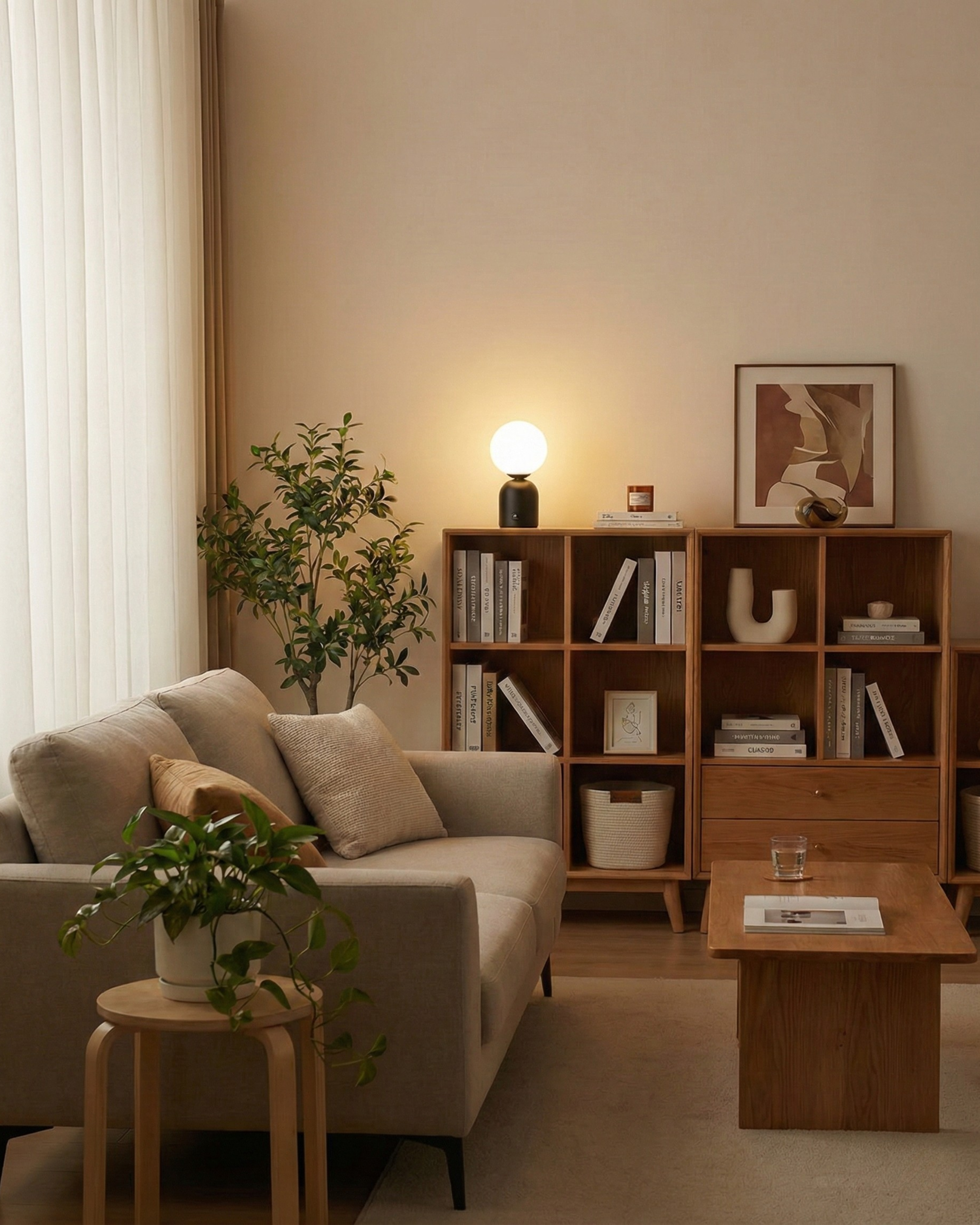 LUMI cordless designer table lamp in a warm, considered living room setting — DecoHarmonie