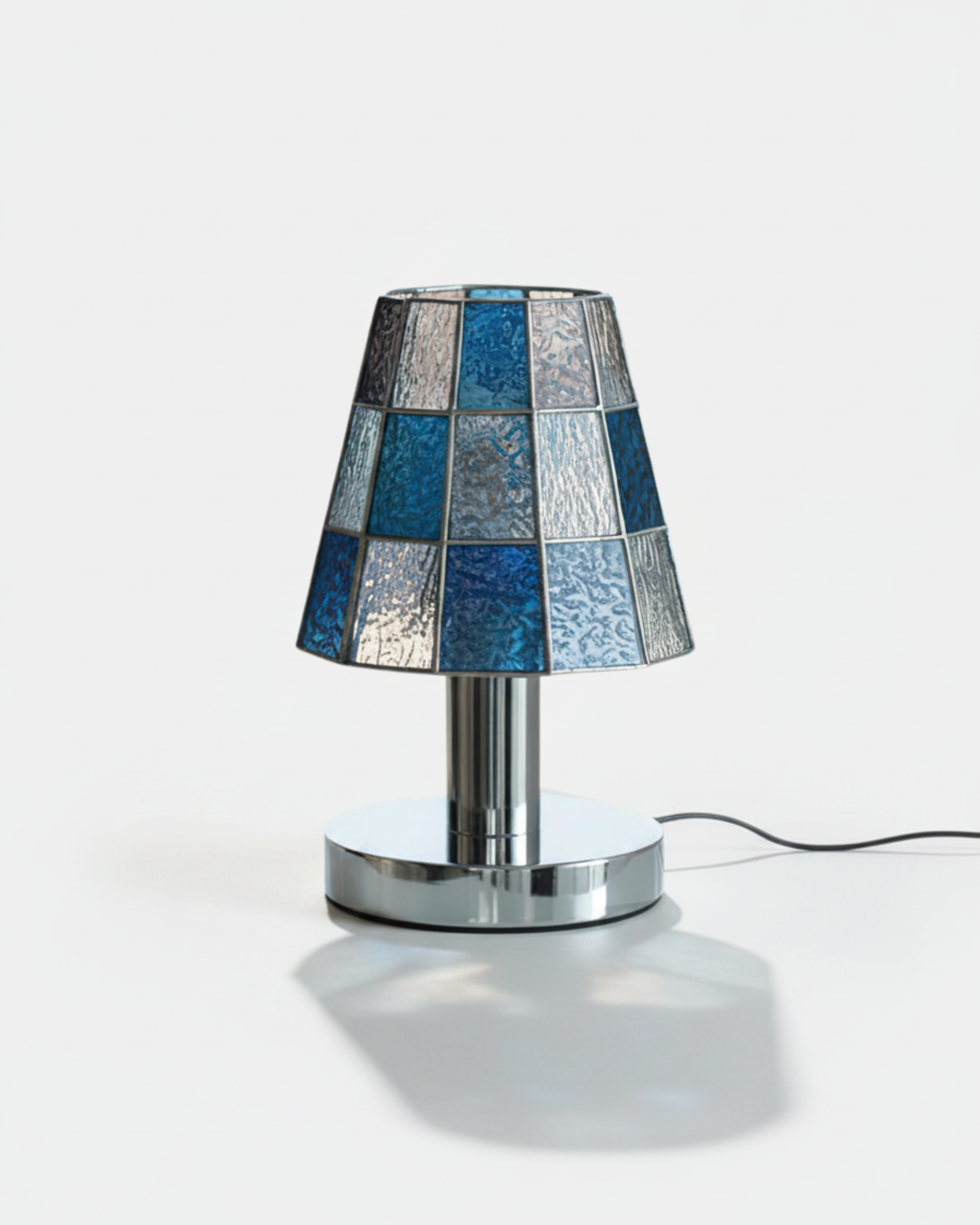 KALI designer table lamp with blue mosaic textured glass shade on polished chrome base | DecoHarmonie