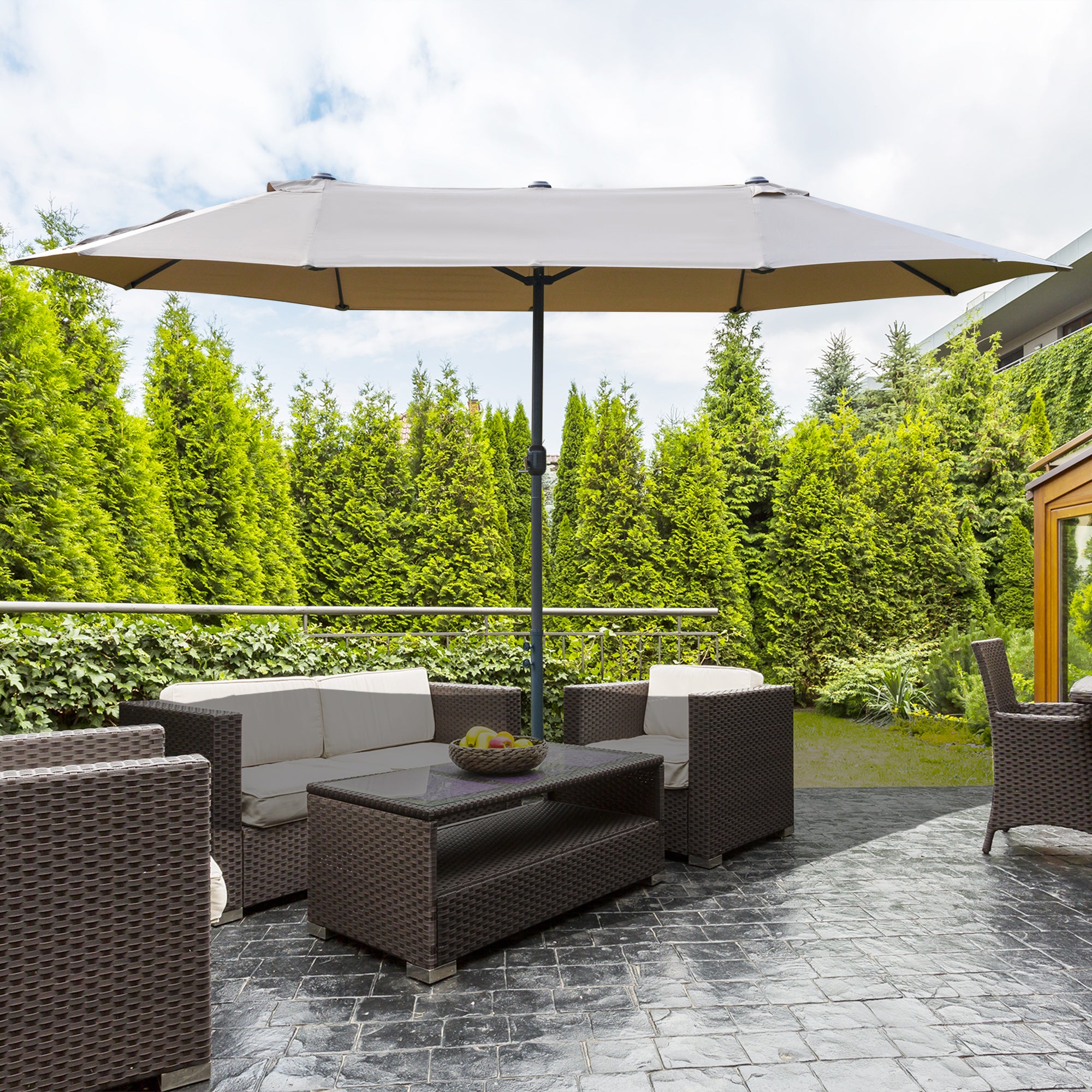 Double-Sided Sun Umbrella Canopy 4.6m Crank Shade with Cross Base, Khaki
