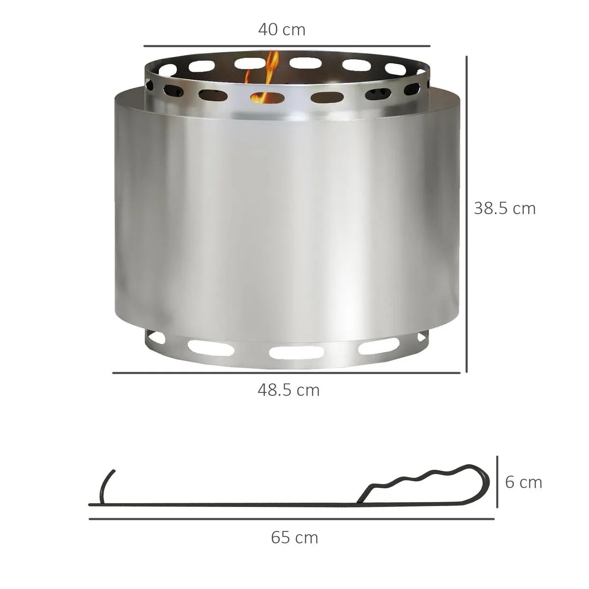 Smokeless Fire Pit Portable Wood Burning, 48.5cm, Silver Stainless Steel with Poker for Garden Camping Bonfire Party