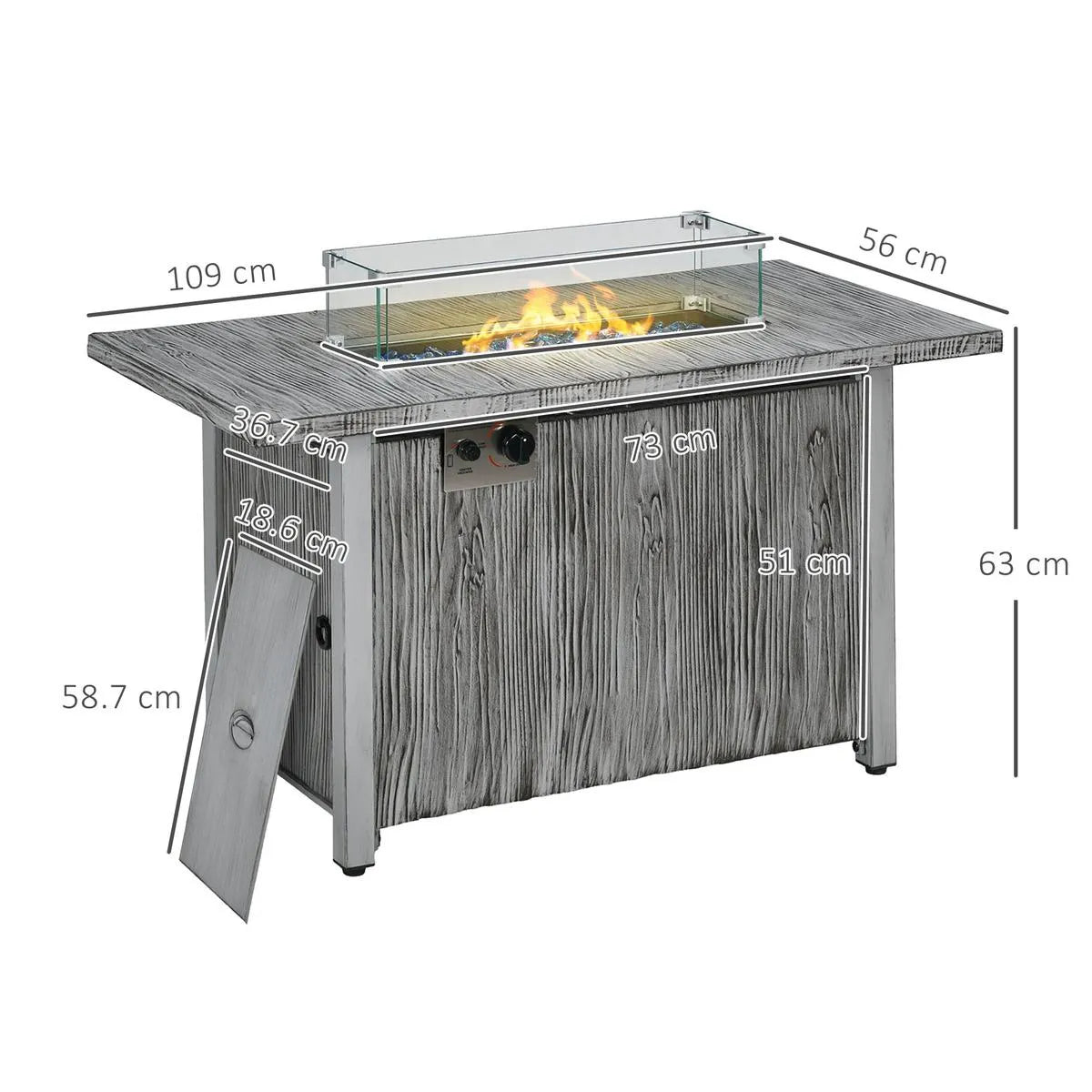 Gas Fire Pit Table, 50,000 BTU, Grey with Cover and Glass Screen