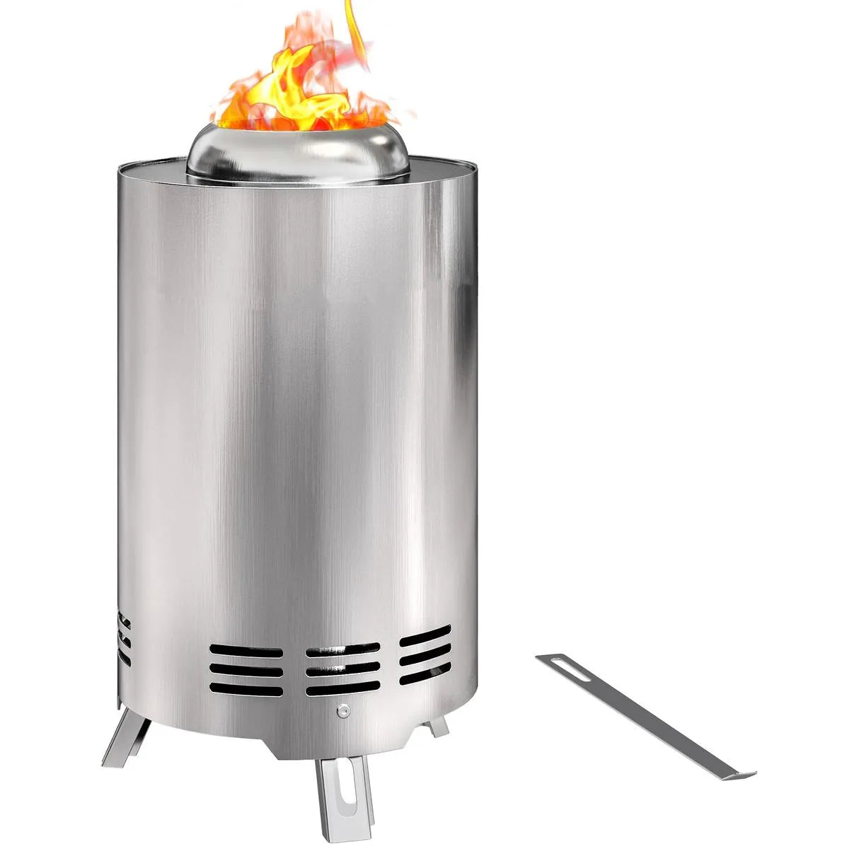 Fire Pit Portable Stainless Steel, 16×16cm, Silver Tone with Poker for Garden Camping Bonfire Party, Smokeless Wood- or Pellet-Fuelled Tabletop