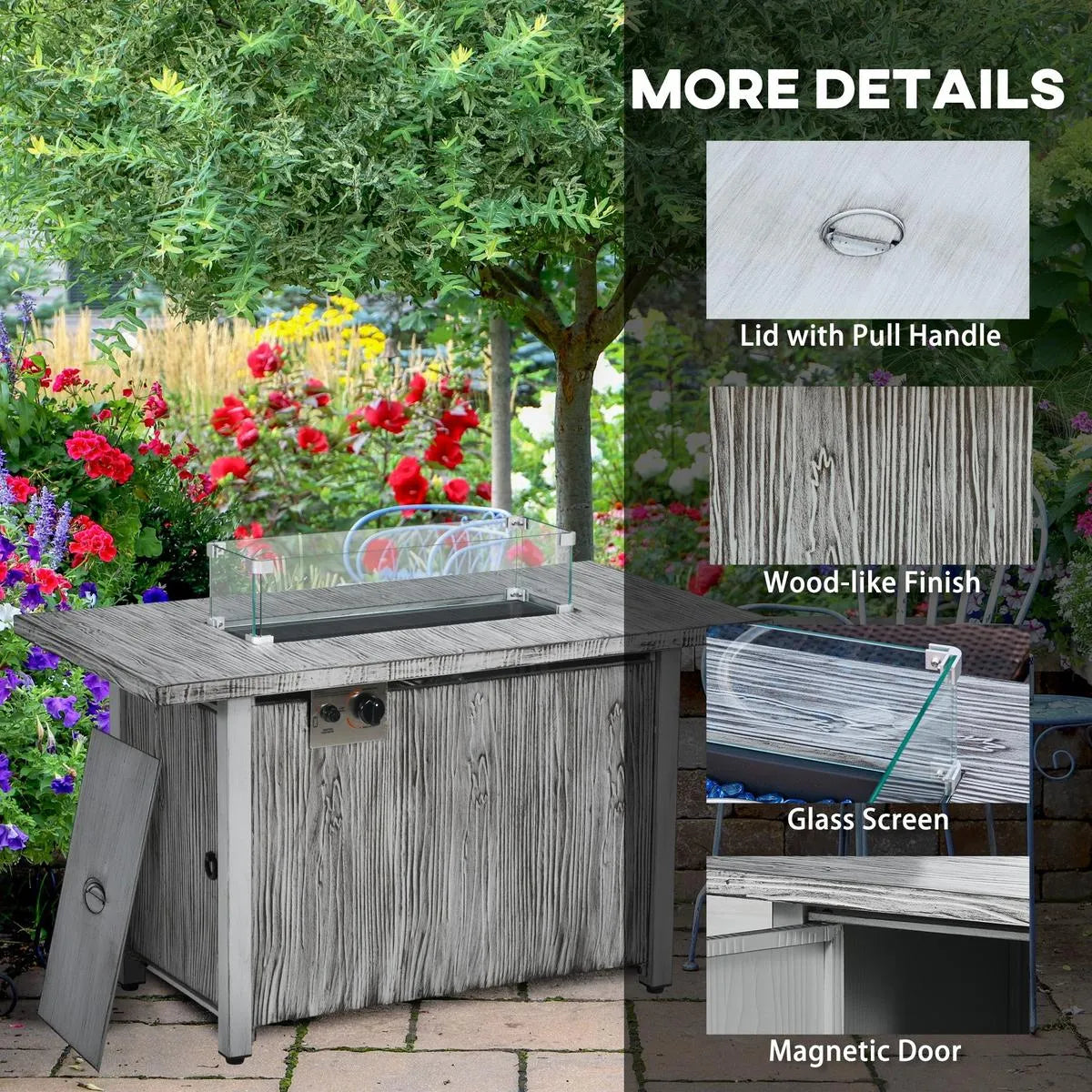 Gas Fire Pit Table, 50,000 BTU, Grey with Cover and Glass Screen