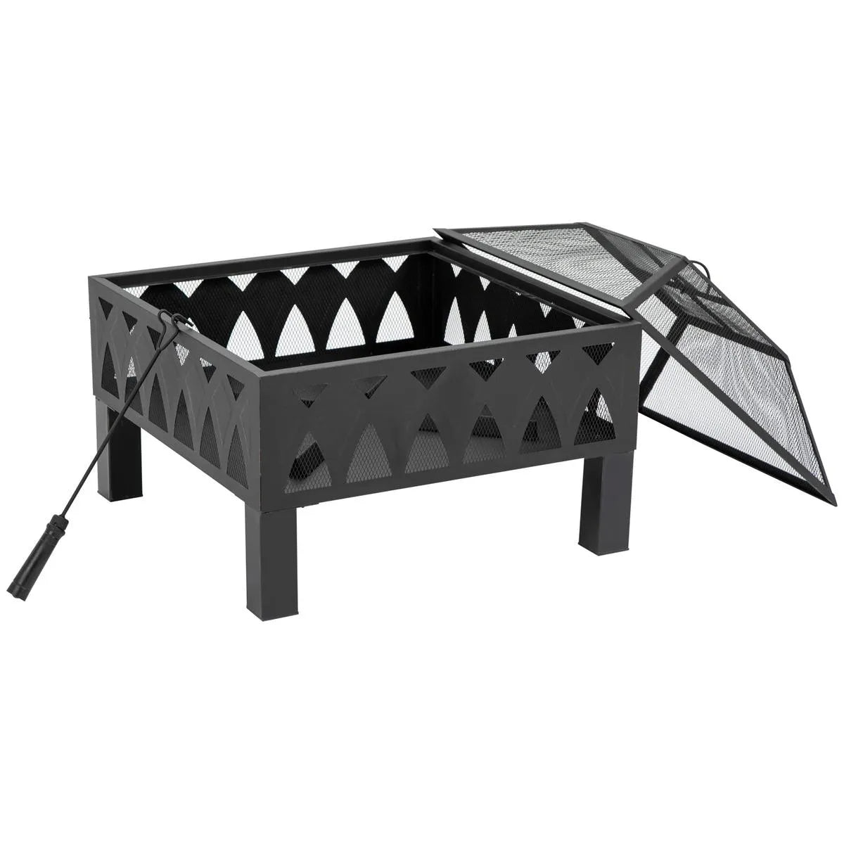 Fire Pit Outdoor, 66cm, Black, with Screen Cover and Poker for Patio Backyard Wood Burner Firepit Bowl