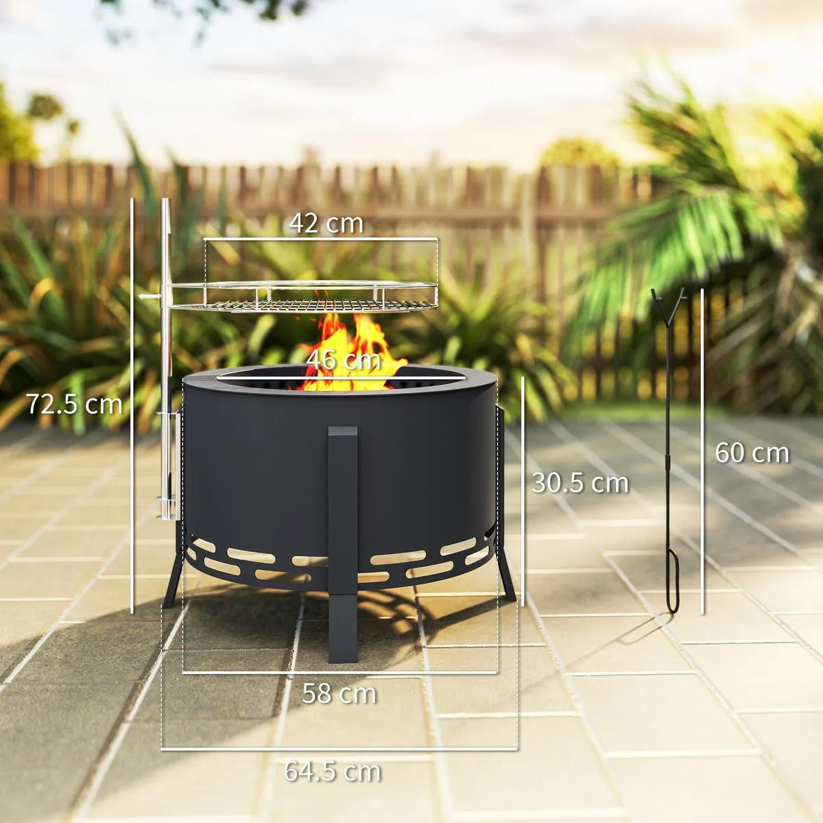 Fire Pit Portable Round, 58cm, Black with Grill Grate, Ash Catcher and Poker for Garden Camping Bonfire Picnic BBQ