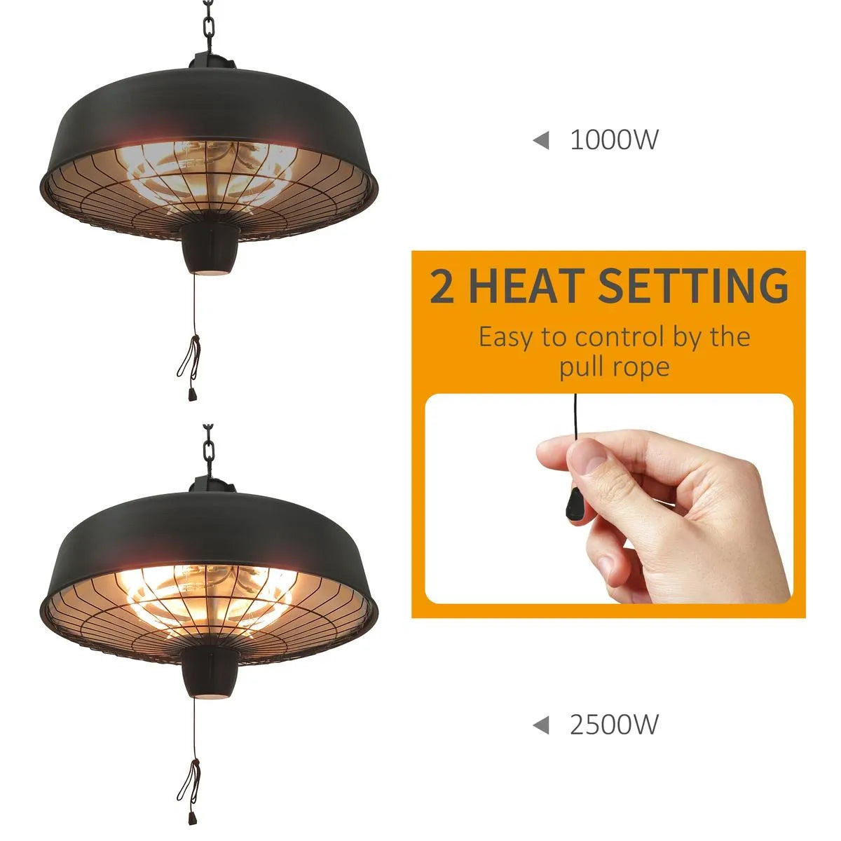 Adjustable Power Infrared Halogen Electric Patio Light Heater 1000/2500W Ceiling Hanging Mount, Black