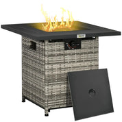 Gas Fire Pit Table Patio Square PE Rattan, 40,000 BTU, Mixed Grey with Rain Cover, Mesh Lid and Lava Stone