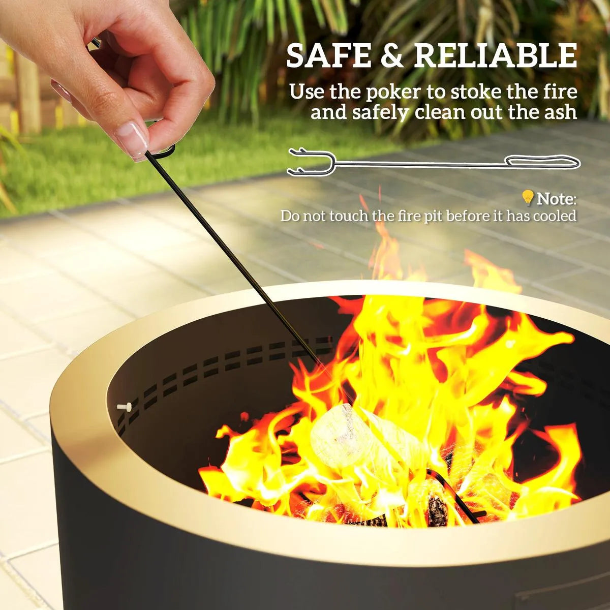 Fire Pit Round Outdoor with Lid and Fire Poker, Black