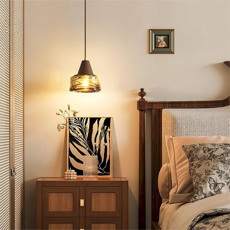 Hailie Vintage Wood Glass Pendant Light in Bedroom Decor