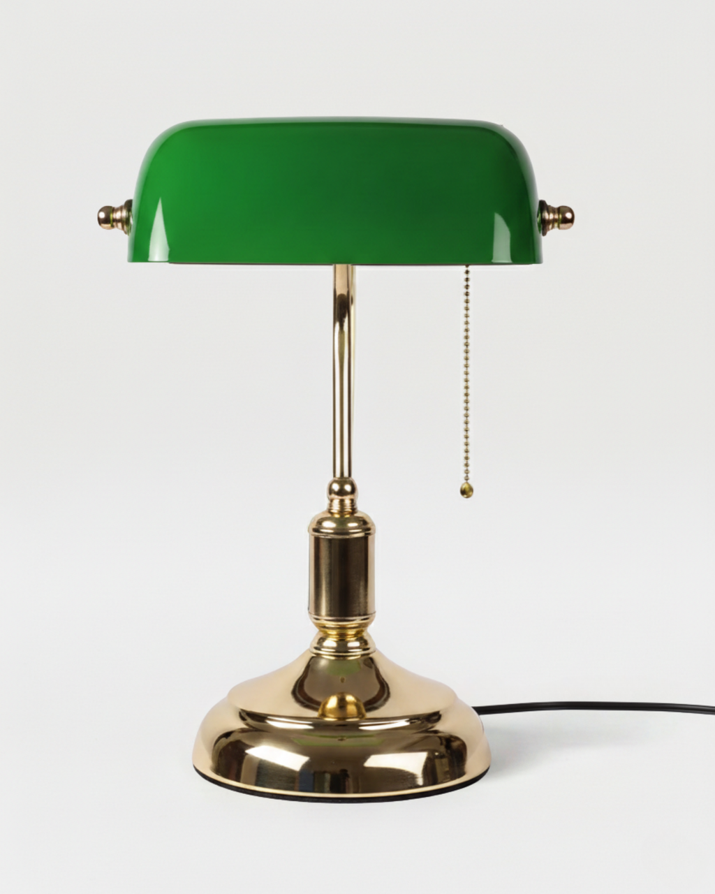 ANTIK banker's table lamp with glossy green glass shade and polished brass stem, vintage designer pull-chain | DecoHarmonie