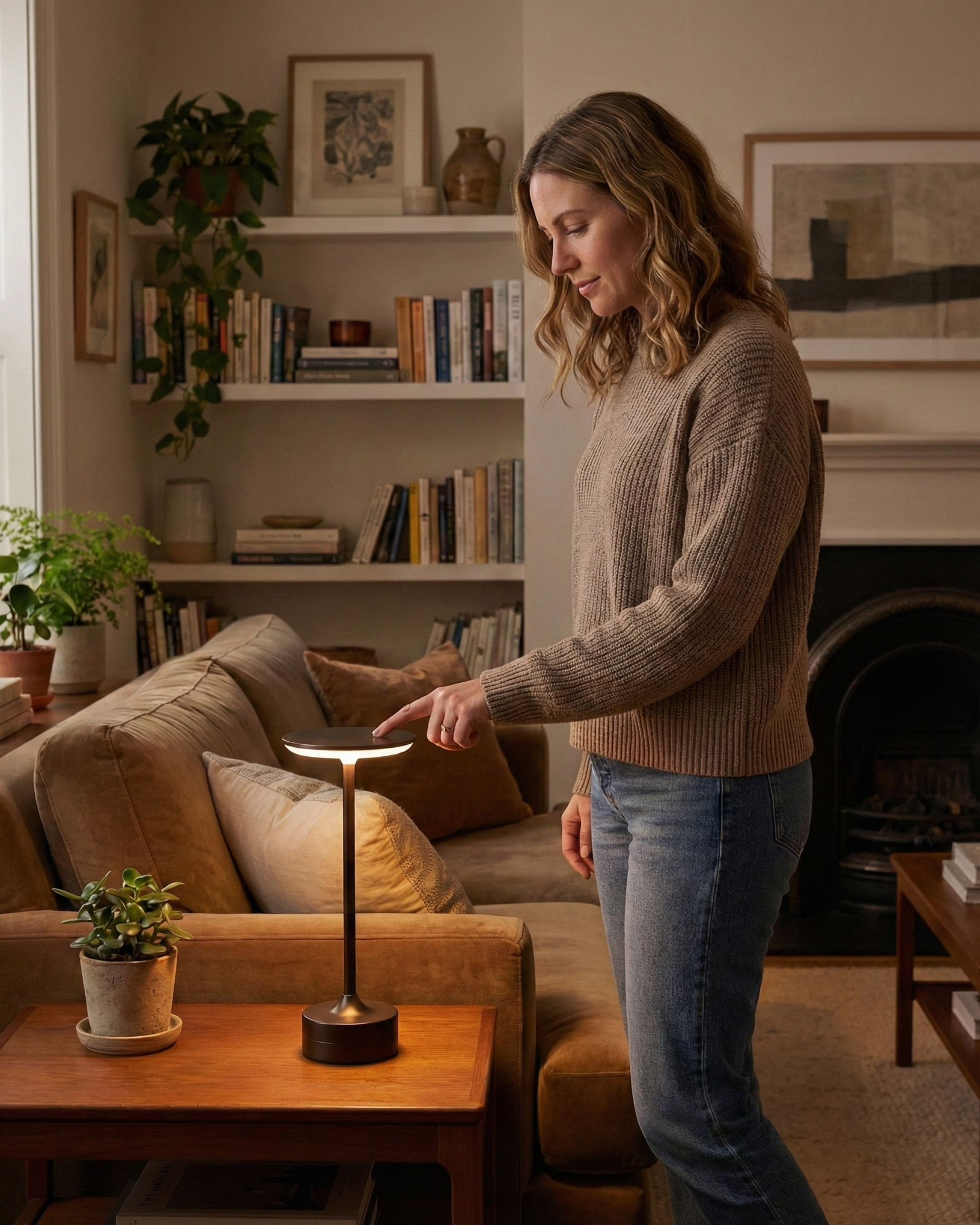 LORA cordless designer table lamp shown on a bedside table in a modern bedroom — DecoHarmonie