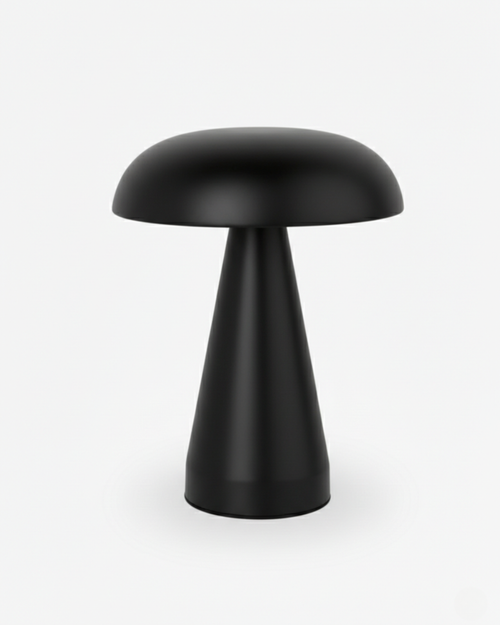 KEMI cordless table lamp, matte black mushroom dome shade on tapered conical base, rechargeable designer lighting | DecoHarmonie