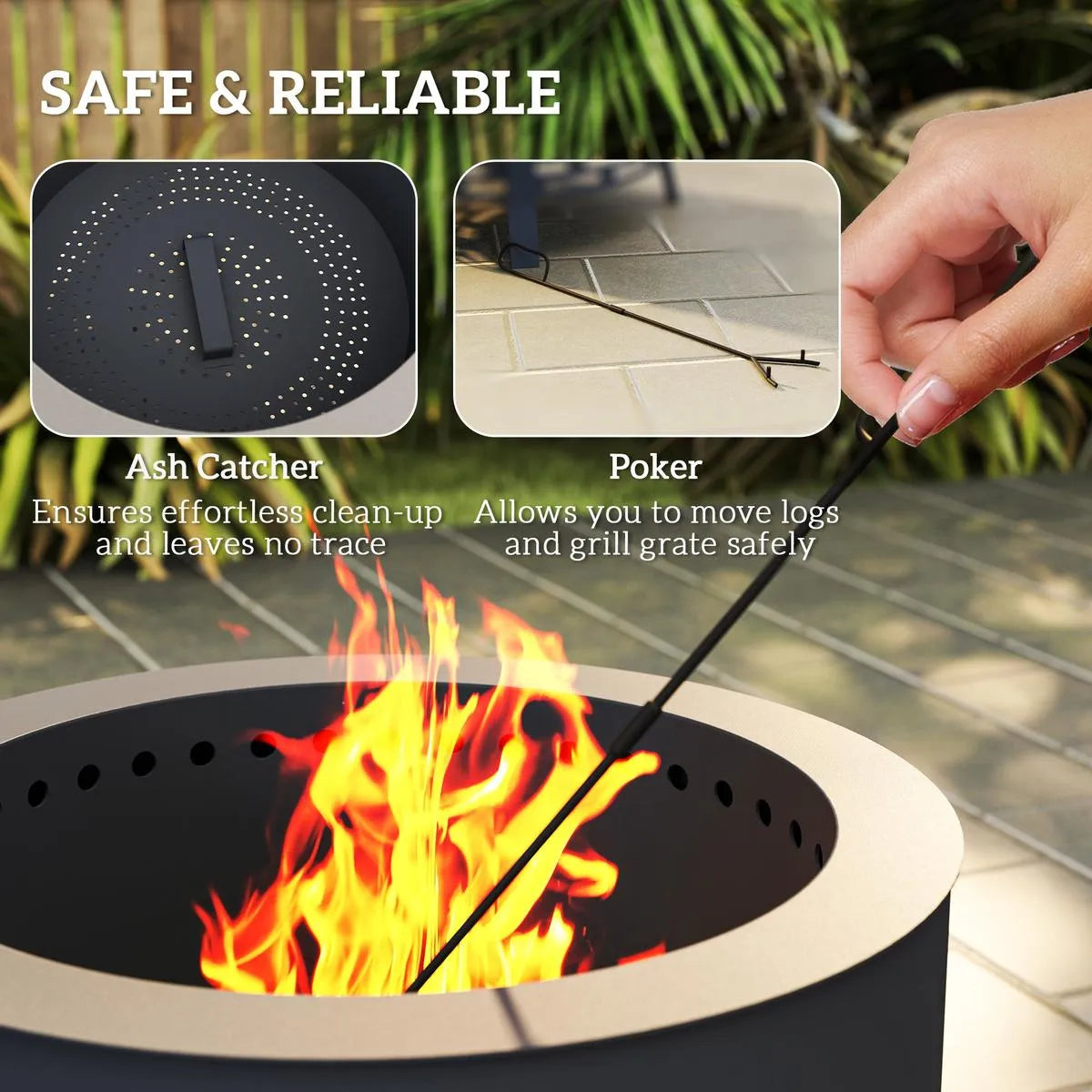 Fire Pit Portable Round, 58cm, Black with Grill Grate, Ash Catcher and Poker for Garden Camping Bonfire Picnic BBQ