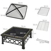 Fire Pit Table Square 3-in-1 Wood Burning Brazier, 76×76×47cm, Black, Outdoor with BBQ Grill, Ice Bucket, Grill Grate, Log Grate, Lid, Poker for Garden Camping Bonfire